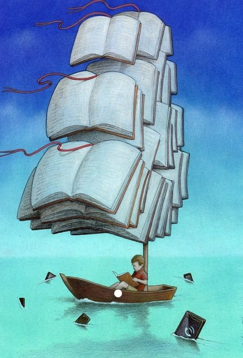 una barca naviga con libri come vele, in mare calmo