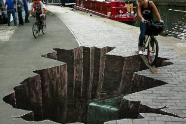 Molte volte le difficoltà sono apparenti (non sempre). Ma quando sono apparenti superarle è semplice, basta mettere un asse di legno reale sull'apparenza orrida e passarci sopra in bicicletta. Art street di Muller, l'orrido abisso è semplicemente disegnato sulla strada...