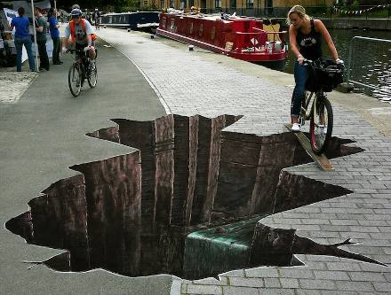 Molte volte le difficoltà sono apparenti (non sempre). Ma quando sono apparenti superarle è semplice, basta mettere un asse di legno reale sull'apparenza orrida e passarci sopra in bicicletta. Art street di Muller, l'orrido abisso è semplicemente disegnato sulla strada..