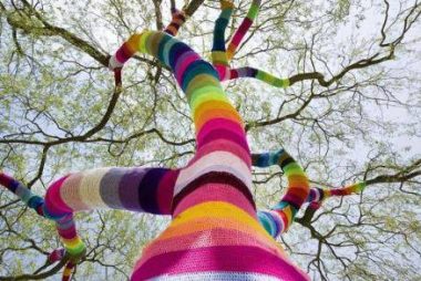 un albero ricoperto da una maglia multicolore fatta a mano
