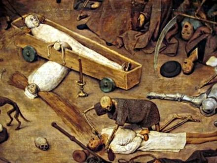 Dipinto di Brueghel, particolare.Casse da morto aperte, bianchi cadaveri forse ancora "vivi", scheletri che ti scannnano come niente. E' il medioevo, bellezza.