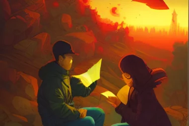 In un paesaggio "fantastico" un uomo e una donna leggono libri sfogliati dal vento
