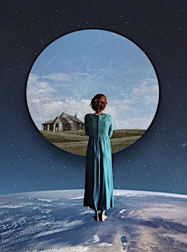 Una donna dal lungo vestito, vista di spalle è sospesa sull'immagine azzurra della Terra, di fronte a lei si apre una porta verso un altro mondo