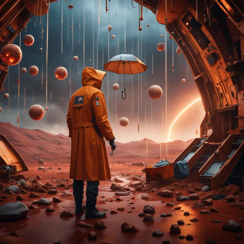 In una immagine creata da IA un malcapitato astronauta con un improbabile impermeabile cerca riparo da una pioggia di oggetti su un mondo sconosciuto
